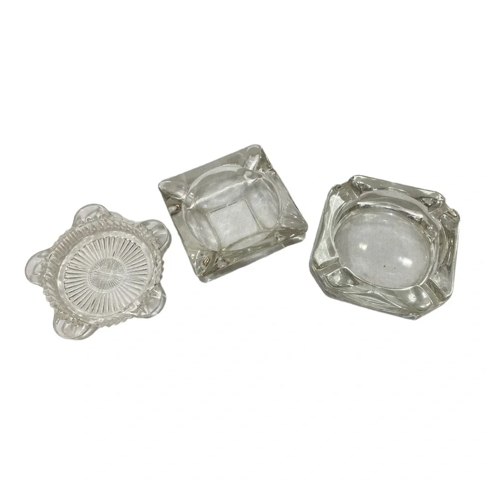 Vintage MCM Clear Pressed Glass Ashtray Set Catchall Trinket Dish 3pc